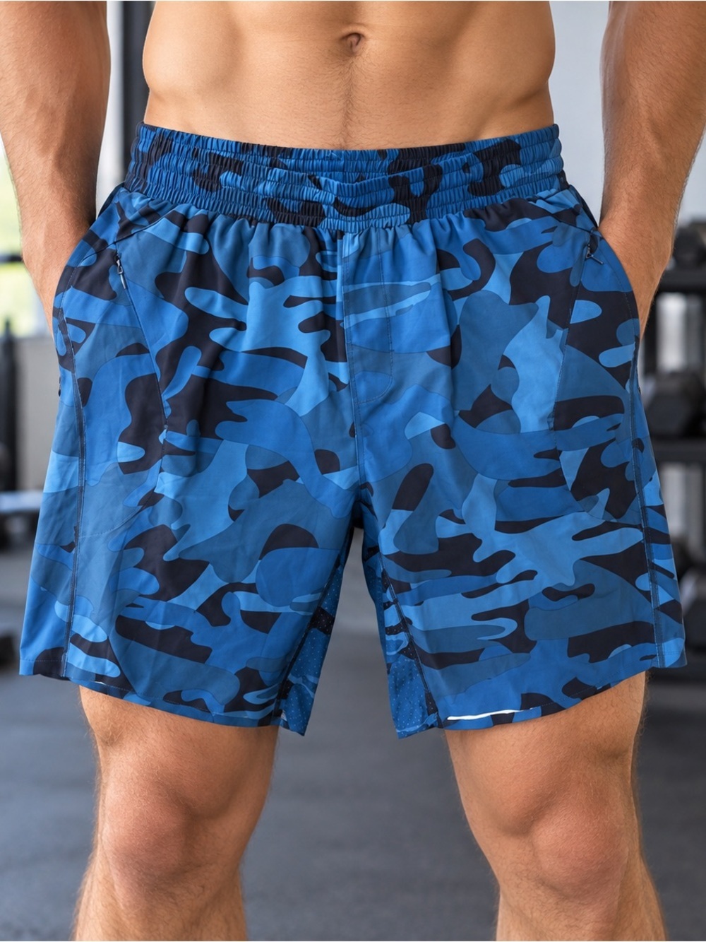 Zyia Athletic Shorts Mens Medium Active Blue Camo Lined Gym Training Stretch